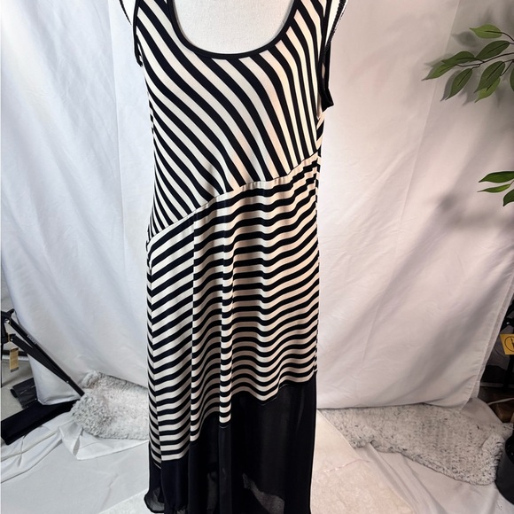 Ellen Parker dress sleeveless stretchy white/black stripes sheer black trim - Picture 7 of 13